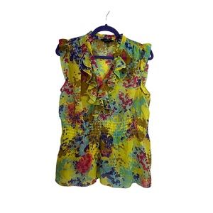 Paper Tee Bright Multicolor Floral Sleeveless Ruffle V Neck Sheer Top Womens XL